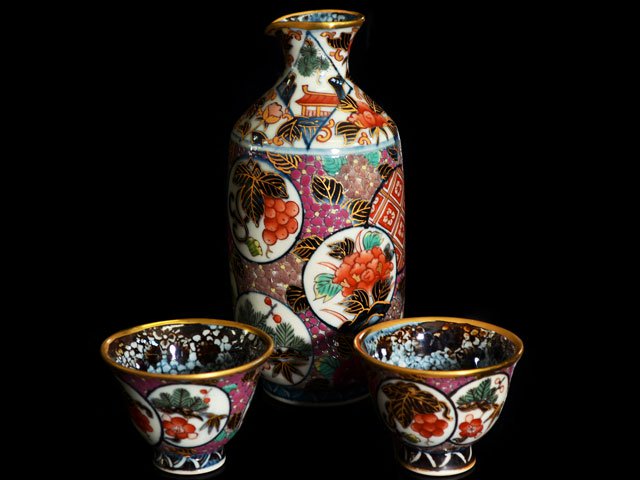 最高級【献上手古伊万里焼】酒器セット 染錦本金丸紋図 