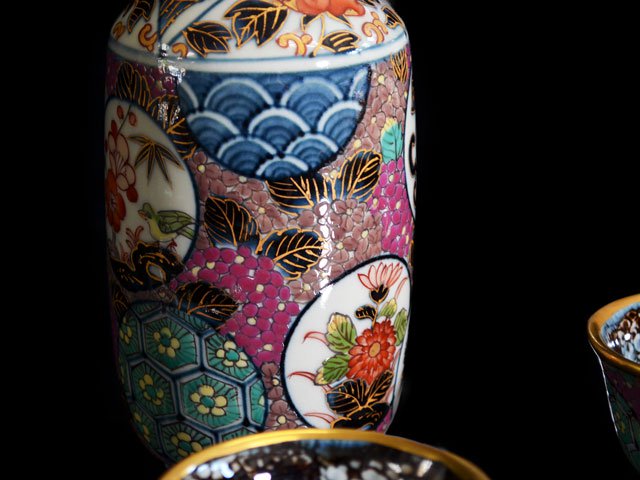 【献上手古伊万里焼】酒器セット 染錦本金丸紋図