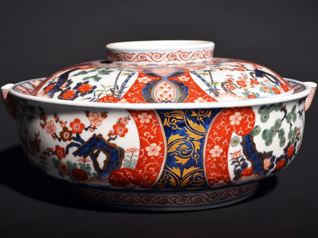 【献上手古伊万里焼】特大蒸し器 染錦本金松竹梅