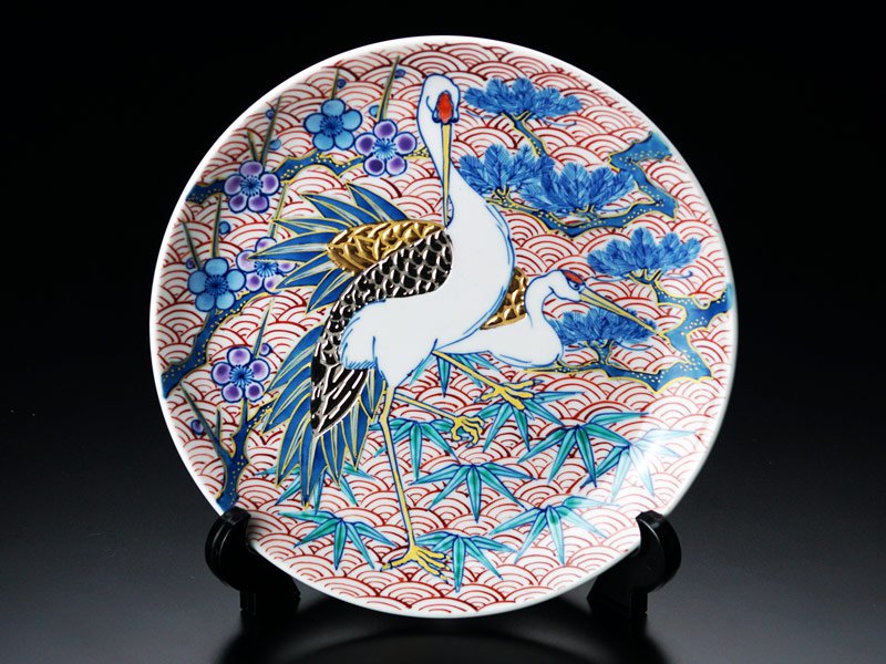 【有田焼】飾り絵皿 染錦金彩・白金彩松竹梅鶴図