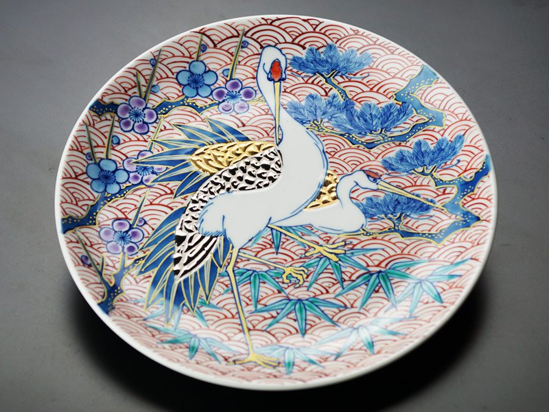 【有田焼】飾り絵皿 染錦金彩・白金彩松竹梅鶴図