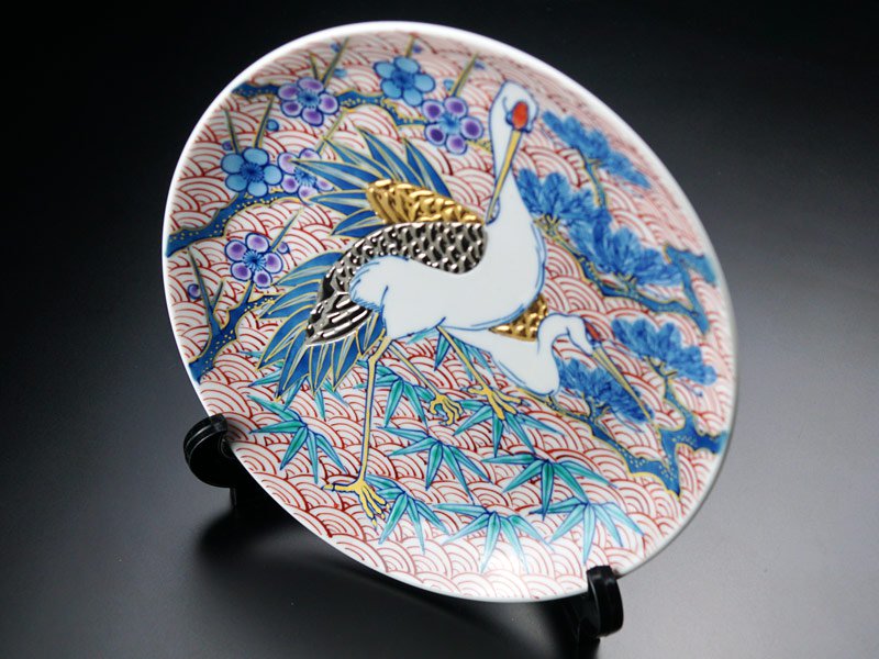 【有田焼】飾り絵皿 染錦金彩・白金彩松竹梅鶴図