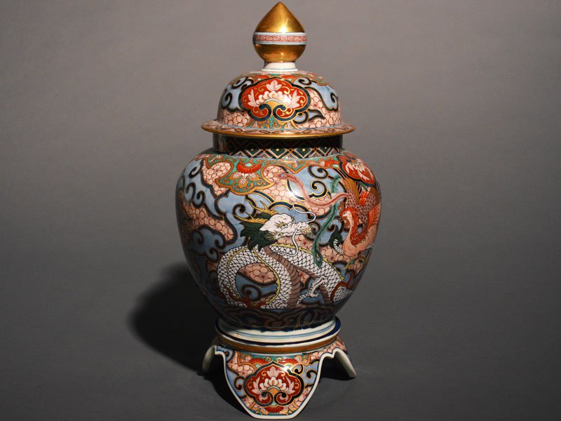 【献上手古伊万里焼】特大沈香壷 染錦本金鳳凰龍図