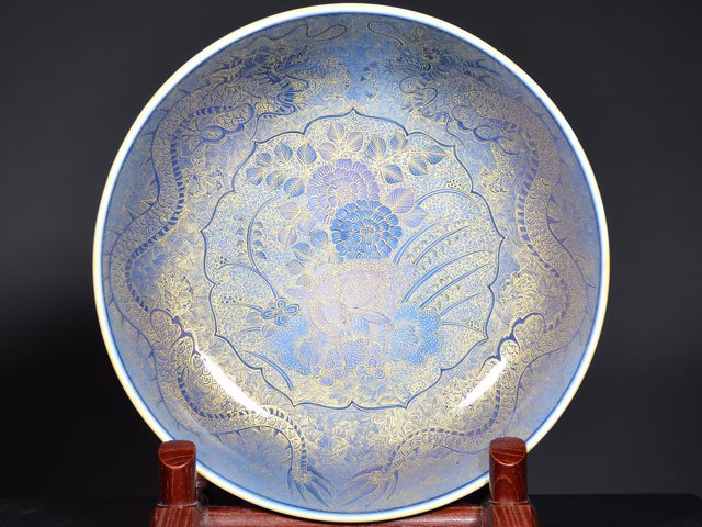 【有田焼】飾り絵皿(大)釉裏金彩鹿龍図