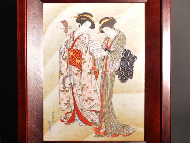 【献上手古伊万里焼】陶額 染錦本金元禄美人浮世絵図