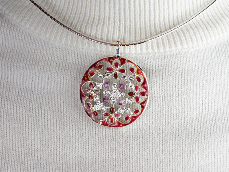 【京七宝】本銀ネックレス 赤