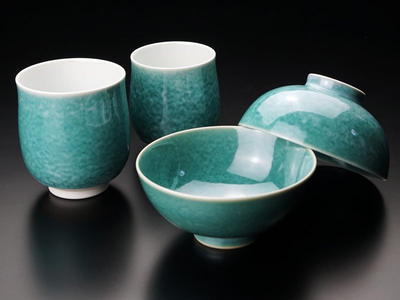 【エメラルド婚式の記念品】睦揃(夫婦茶碗セット)翡翠鈞窯 結婚55周年記念