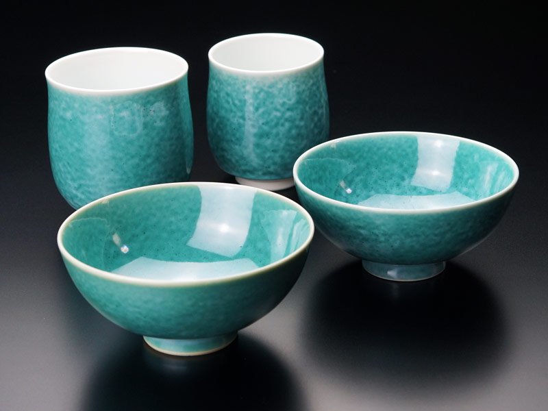 【エメラルド婚式の記念品】睦揃(夫婦茶碗セット)翡翠鈞窯 結婚55周年記念