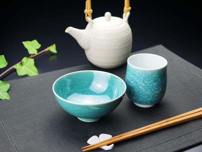 【エメラルド婚式の記念品】睦揃(夫婦茶碗セット)翡翠鈞窯 結婚55周年記念