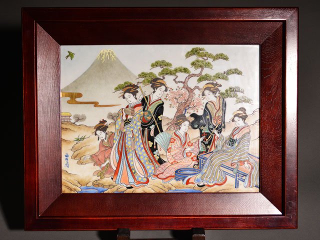 【献上手古伊万里焼】陶額 染錦本金元禄美人図